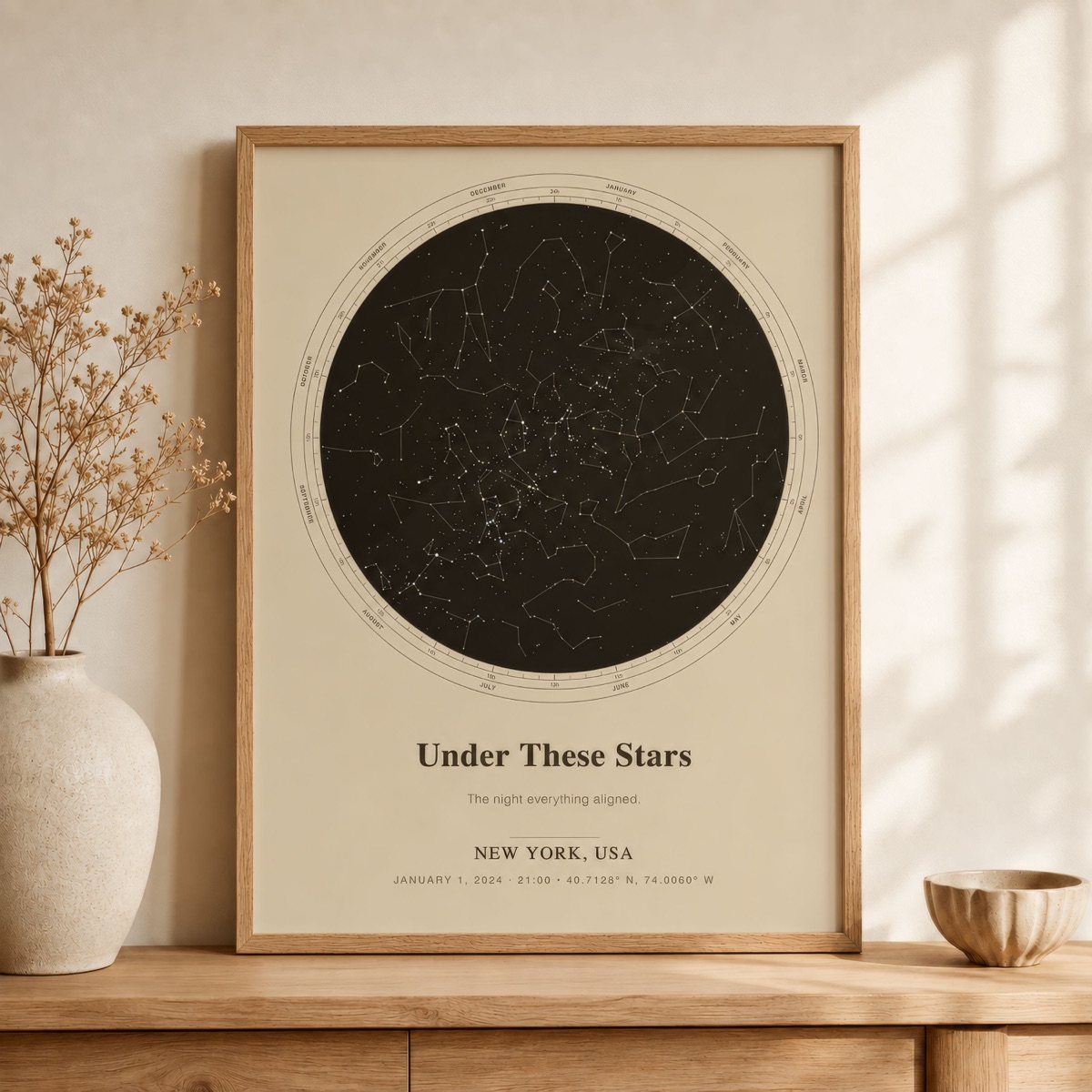 Ivory calendar-style CelestiArt poster framed on a wall
