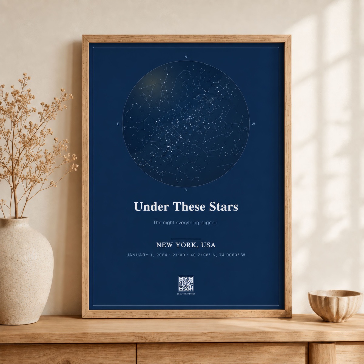 Circular navy CelestiArt poster displayed in a bright interior