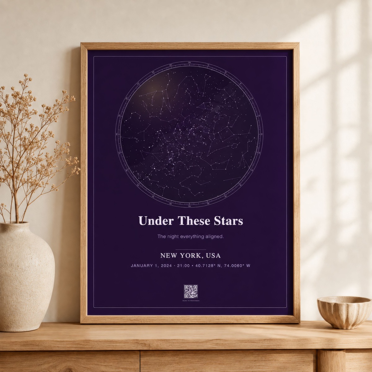 Plum astronomical dial CelestiArt poster in a minimal interior