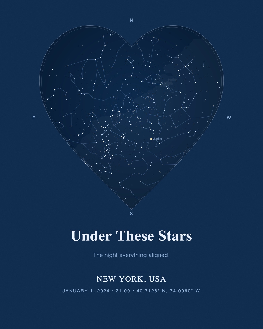 Navy portrait star-map poster with a heart-shaped map