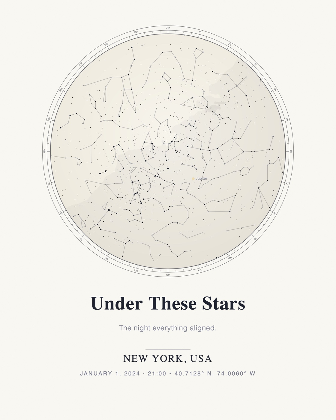 Ivory portrait star-map poster with an astronomical hour frame