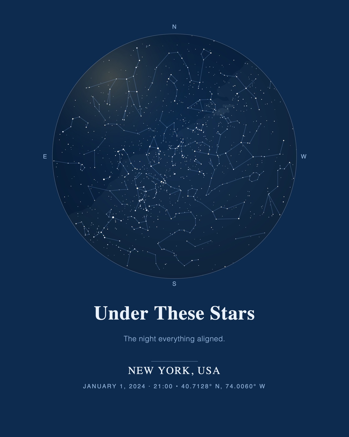 Deep navy portrait poster with a circular star map