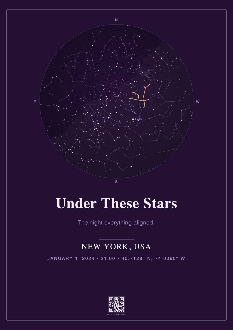 Plum portrait star-map poster with circular frame