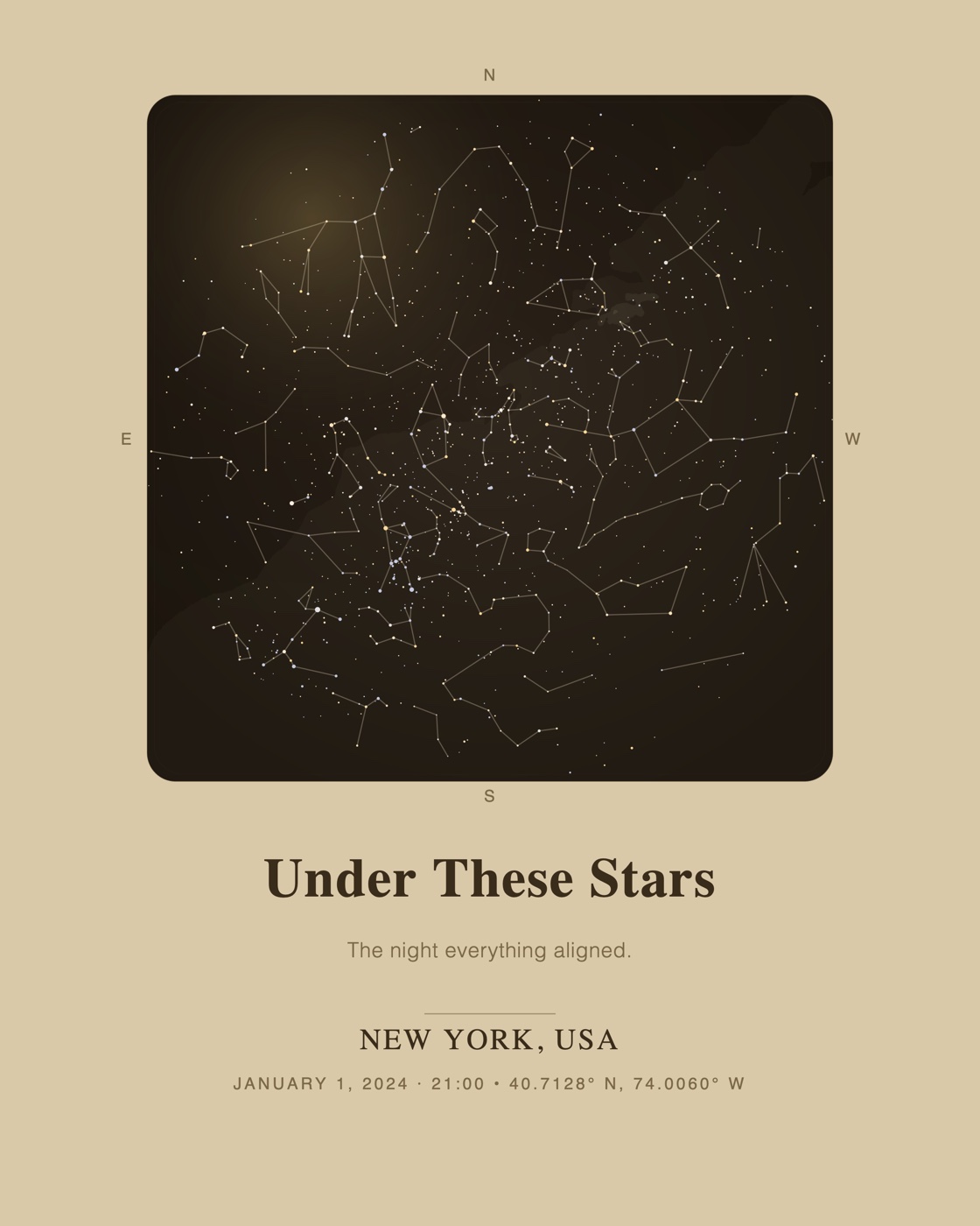 Sepia portrait poster with a framed rectangular star map